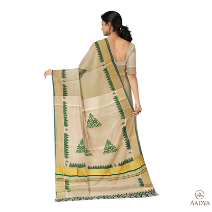 Kuthampully Golden Tissue And Green Color Print Saree