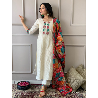 Schiffli chicken cotton Kurti Pant Dupatta set.