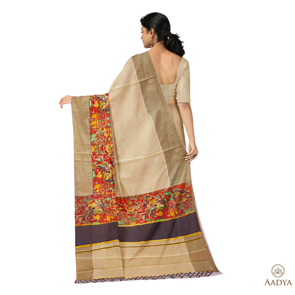 Kuthampully Golden Kalamkari Black Kara  Tissue Saree