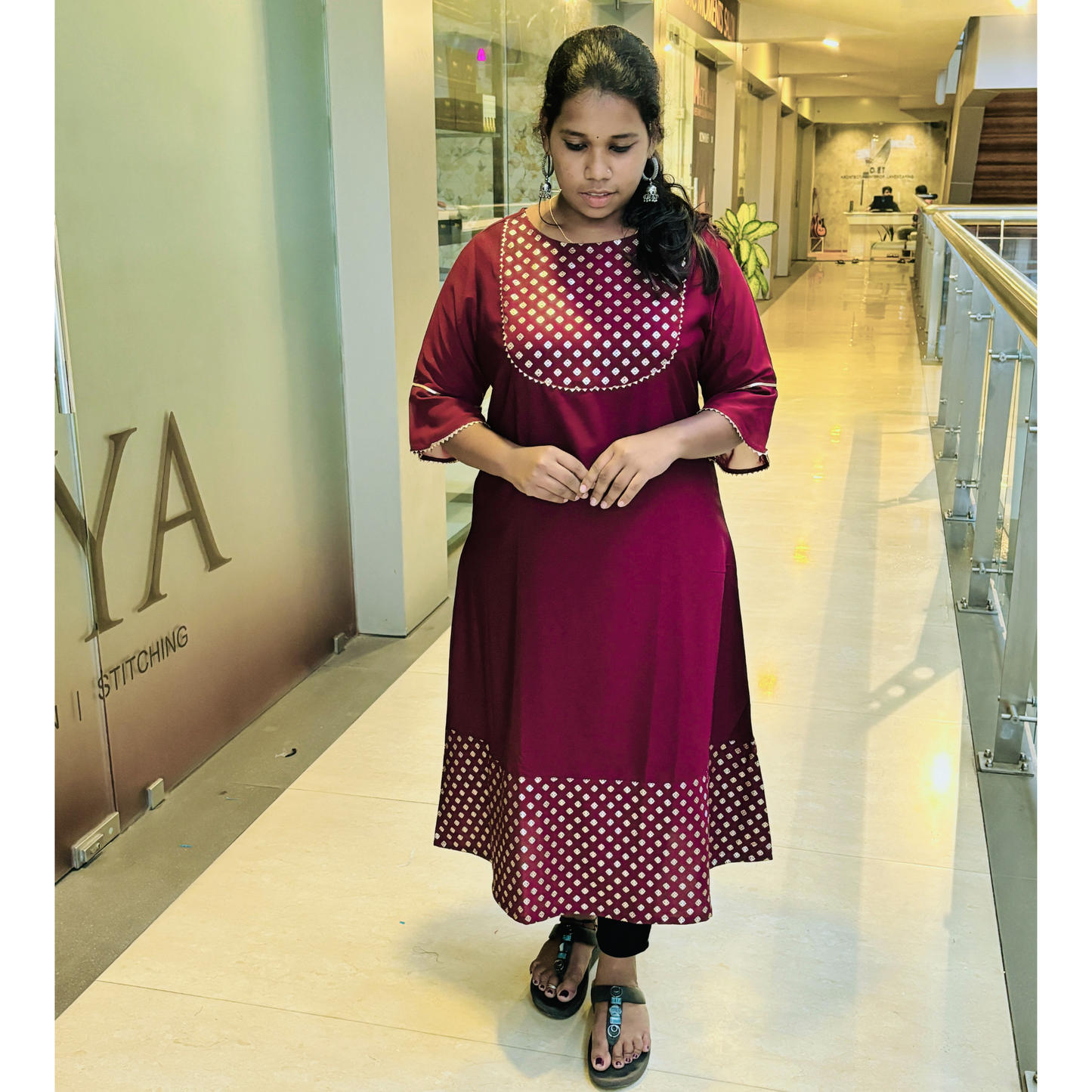 Wine Crepe Foil Printed A-Line Kurta