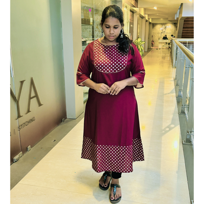 Wine Crepe Foil Printed A-Line Kurta