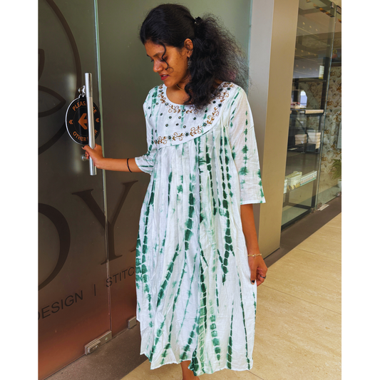 Tie & Dye Soft Cotton Pleated Kurta with Handwork Yoke Design