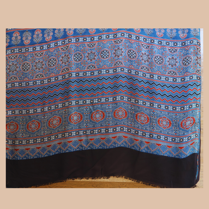 Blue Indigo Ajrakh Hand Block Printed Modal Silk Saree