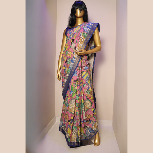 Hand Painted Pen Kalamkari Bangalore Silk Saree with Silk Border