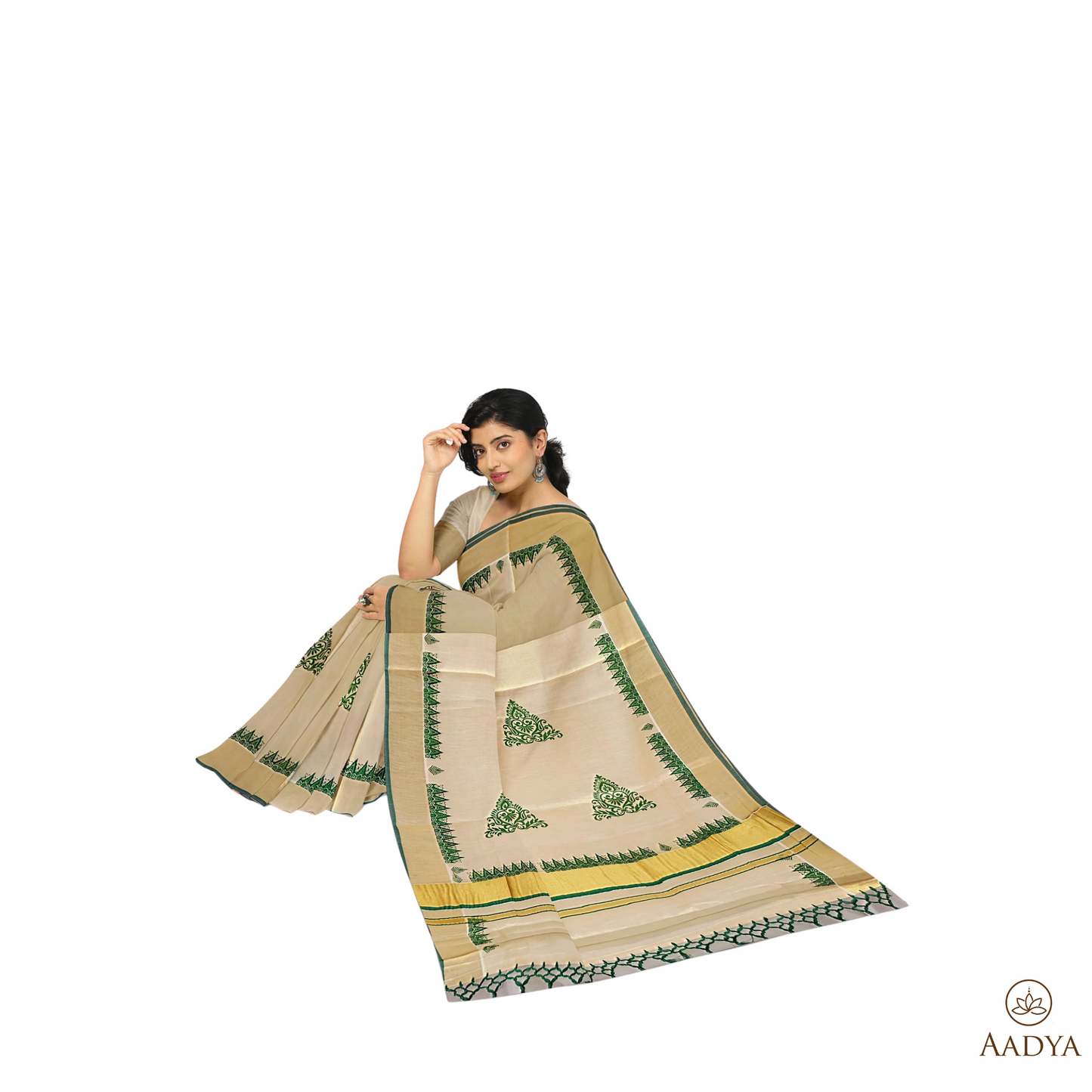 Kuthampully Golden Tissue And Green Color Print Saree