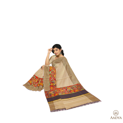 Kuthampully Golden Kalamkari Black Kara  Tissue Saree