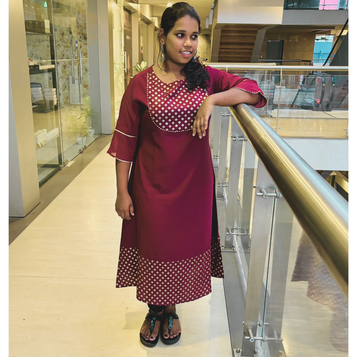 Wine Crepe Foil Printed A-Line Kurta