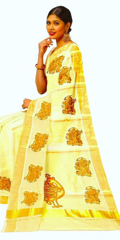 Kuthampully Golden Tissue Saree