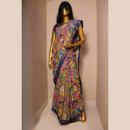 Hand Painted Pen Kalamkari Bangalore Silk Saree with Silk Border