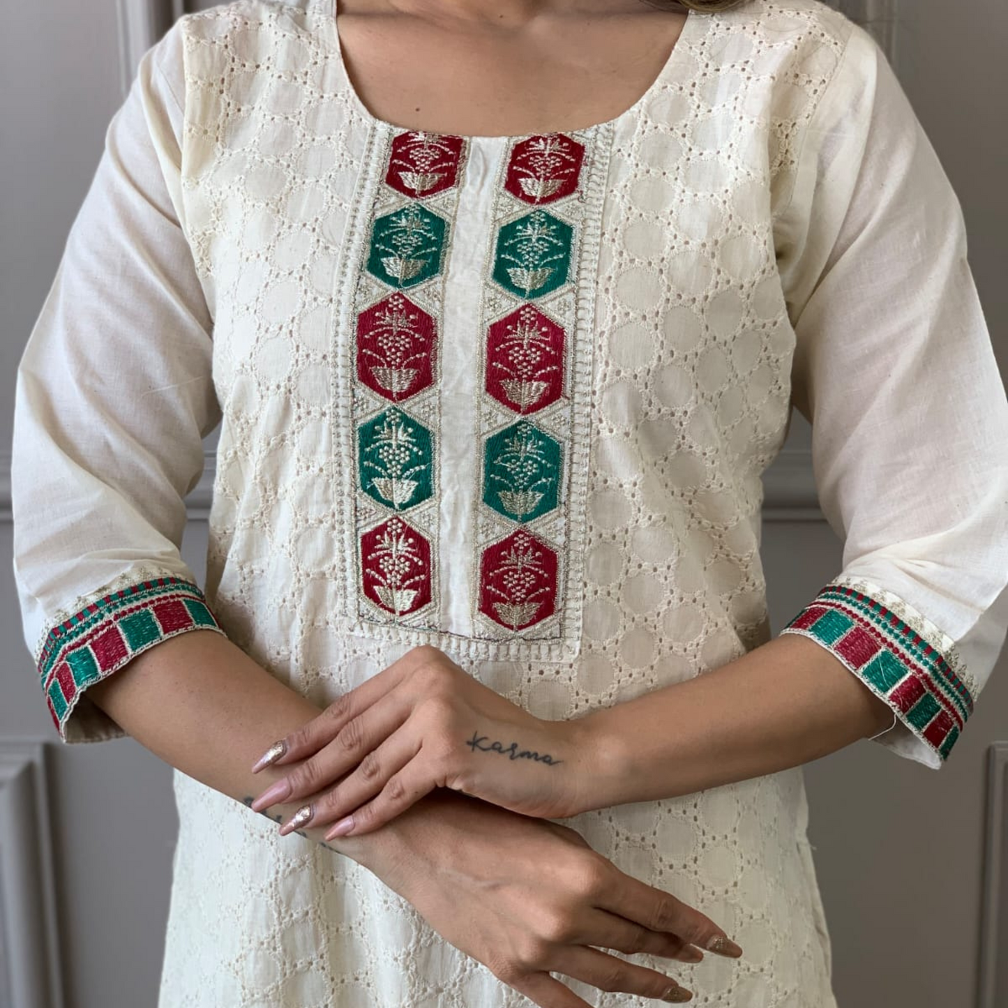 Schiffli chicken cotton Kurti Pant Dupatta set.