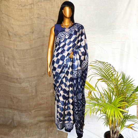 Modal  Silk Sarees - Indigo Hand Block Print