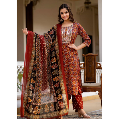 Designer Wear Maroon Ikat Print Kurti Pant Dupatta Set