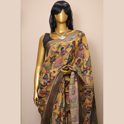 Hand Painted Pen Kalamkari Bangalore Silk Saree