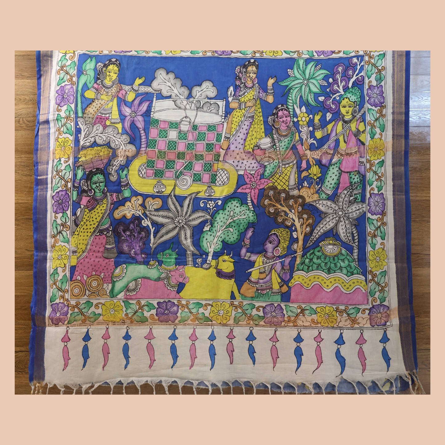 Hand Painted Pen Kalamkari Bangalore Silk Saree with Silk Border