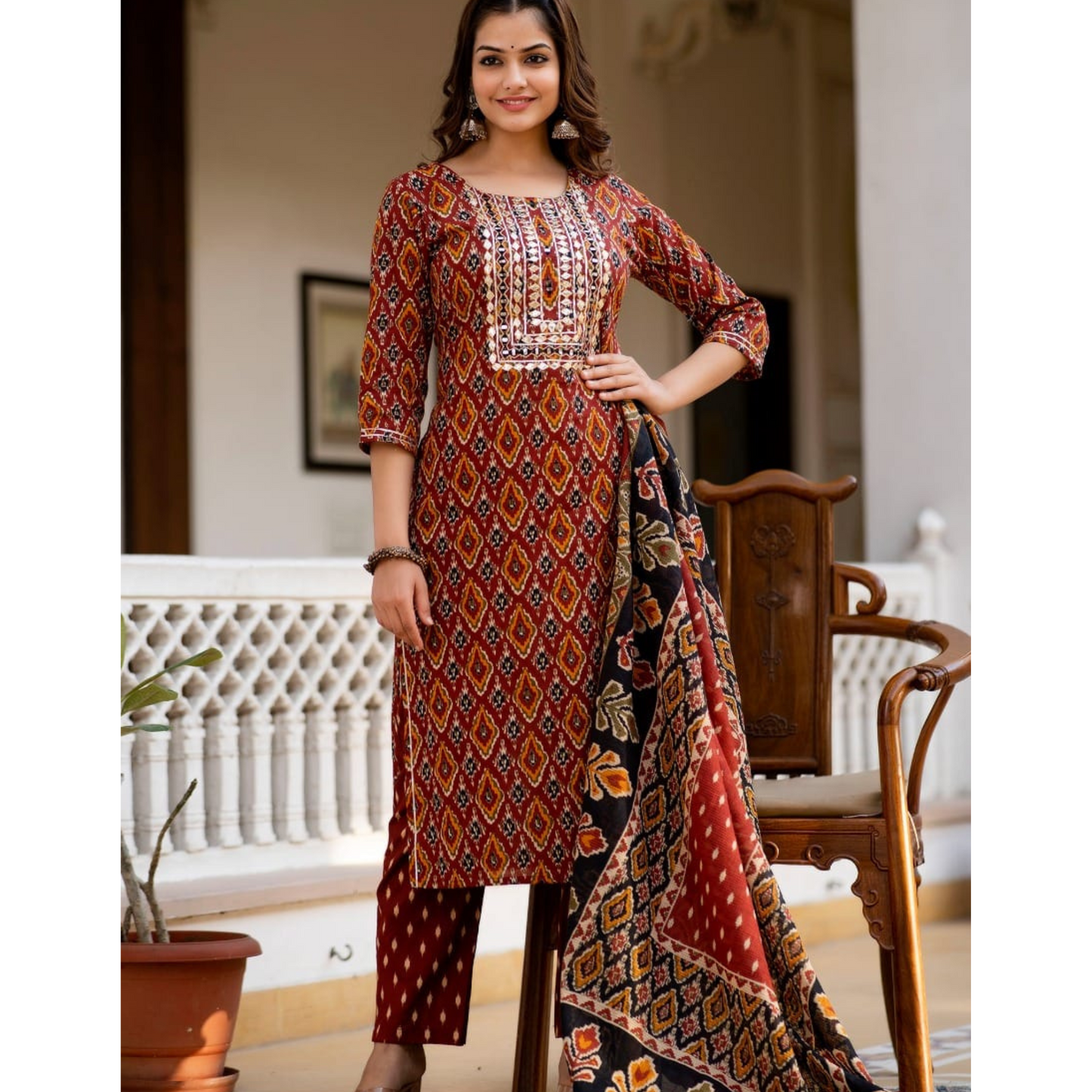 Designer Wear Maroon Ikat Print Kurti Pant Dupatta Set