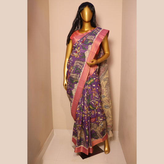 Hand Painted Pen Kalamkari Bangalore Silk floral Design Saree with Peacock motif in Pallu