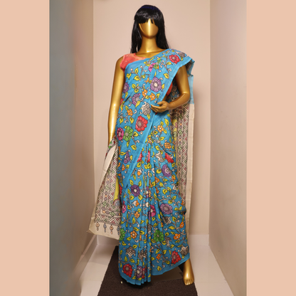 Hand Painted Pen Kalamkari Bangalore Silk borderless Saree