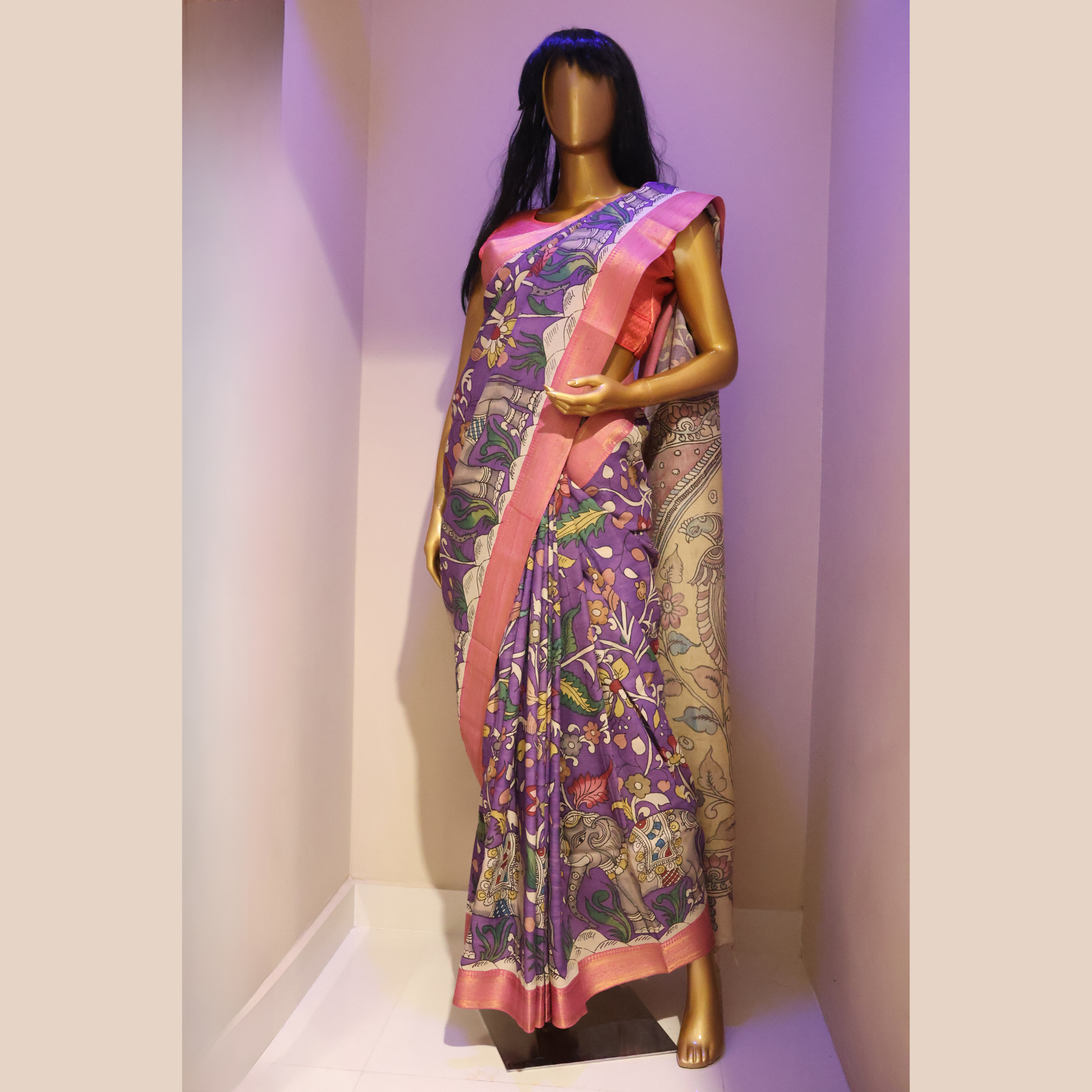 Hand Painted Pen Kalamkari Bangalore Silk Floral Design Saree With Pea ...