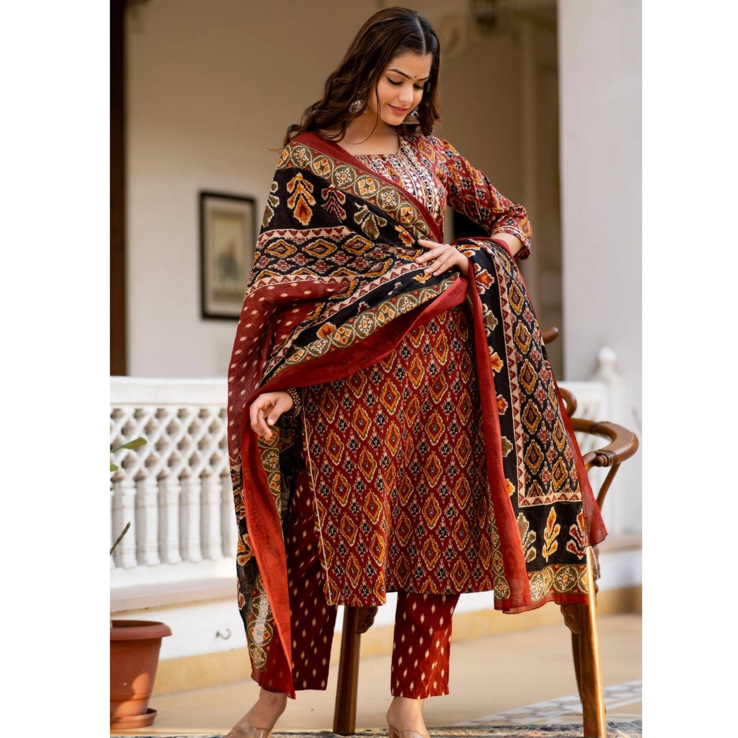 Designer Wear Maroon Ikat Print Kurti Pant Dupatta Set