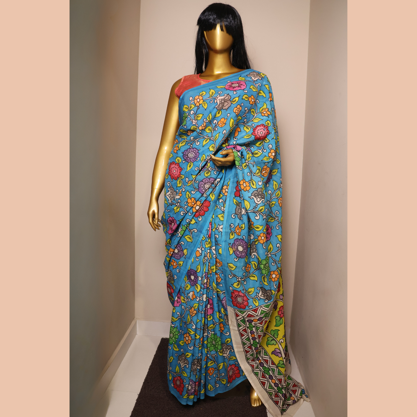 Hand Painted Pen Kalamkari Bangalore Silk borderless Saree