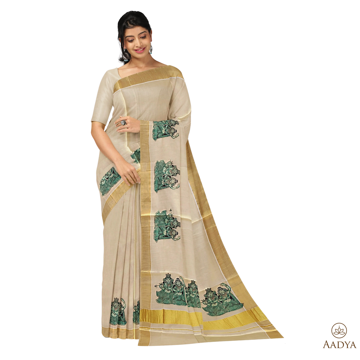 Kuthampully Golden Tissue Saree Krishna Radha Pattern