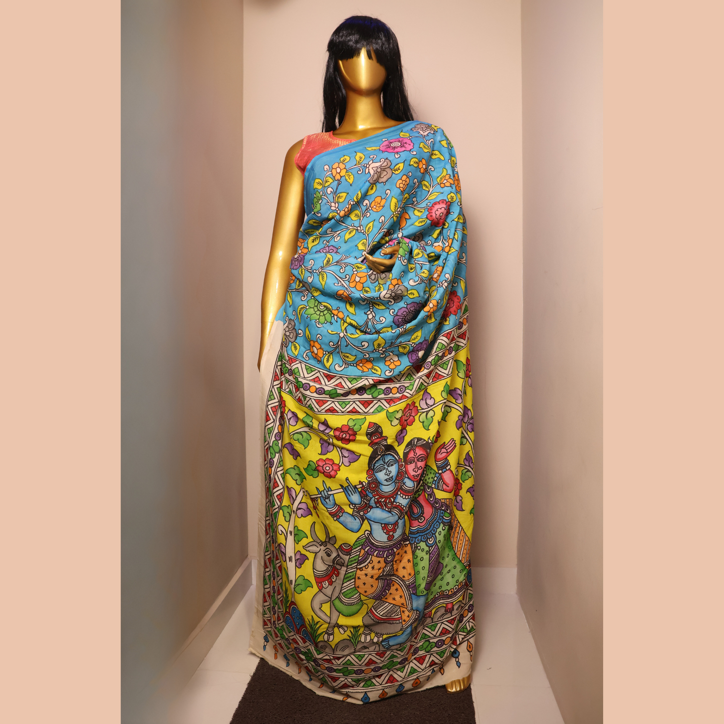 Hand Painted Pen Kalamkari Bangalore Silk borderless Saree