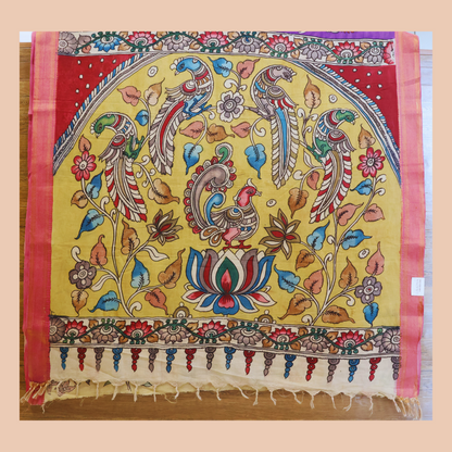 Hand Painted Pen Kalamkari Bangalore Silk floral Design Saree with Peacock motif in Pallu