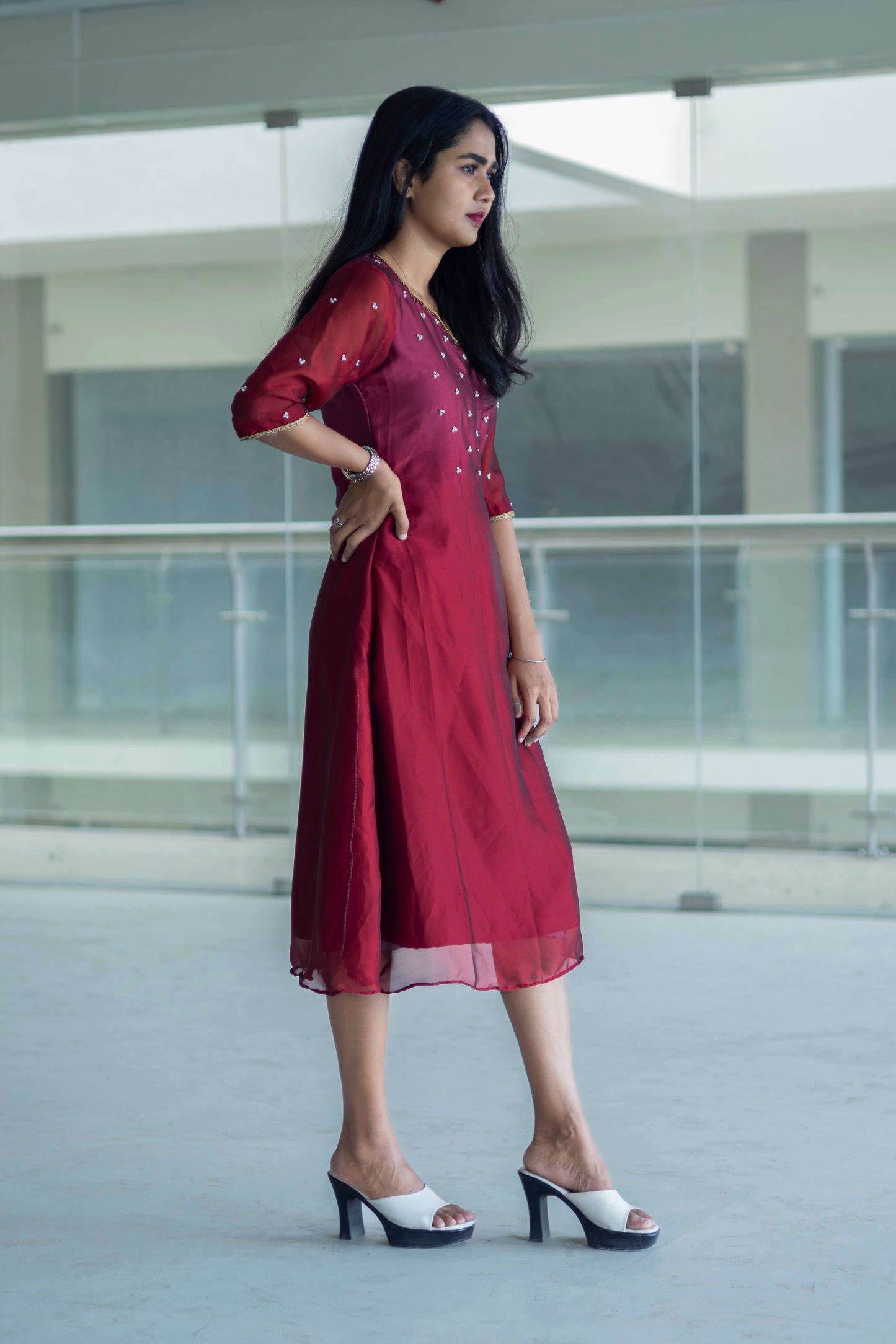 Highlights Zardozi Thread Work with Ruffled Sleeve Georgette Aline Kurta