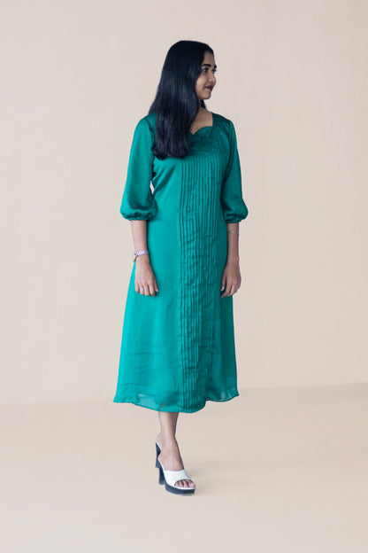 Green Pleated Kurta with Sweat Heart Neck