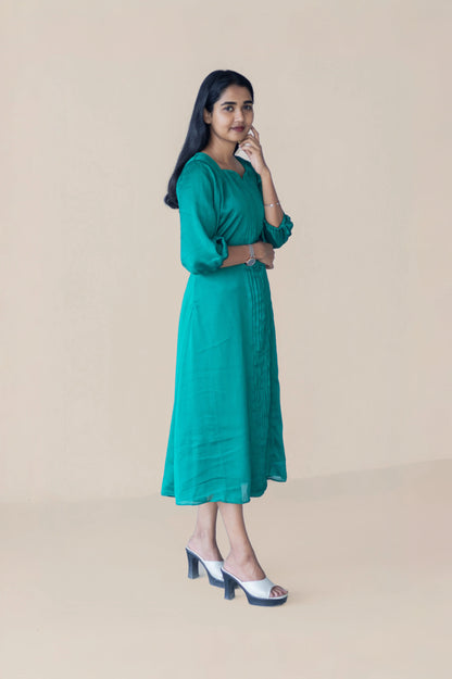 Green Pleated Kurta with Sweat Heart Neck