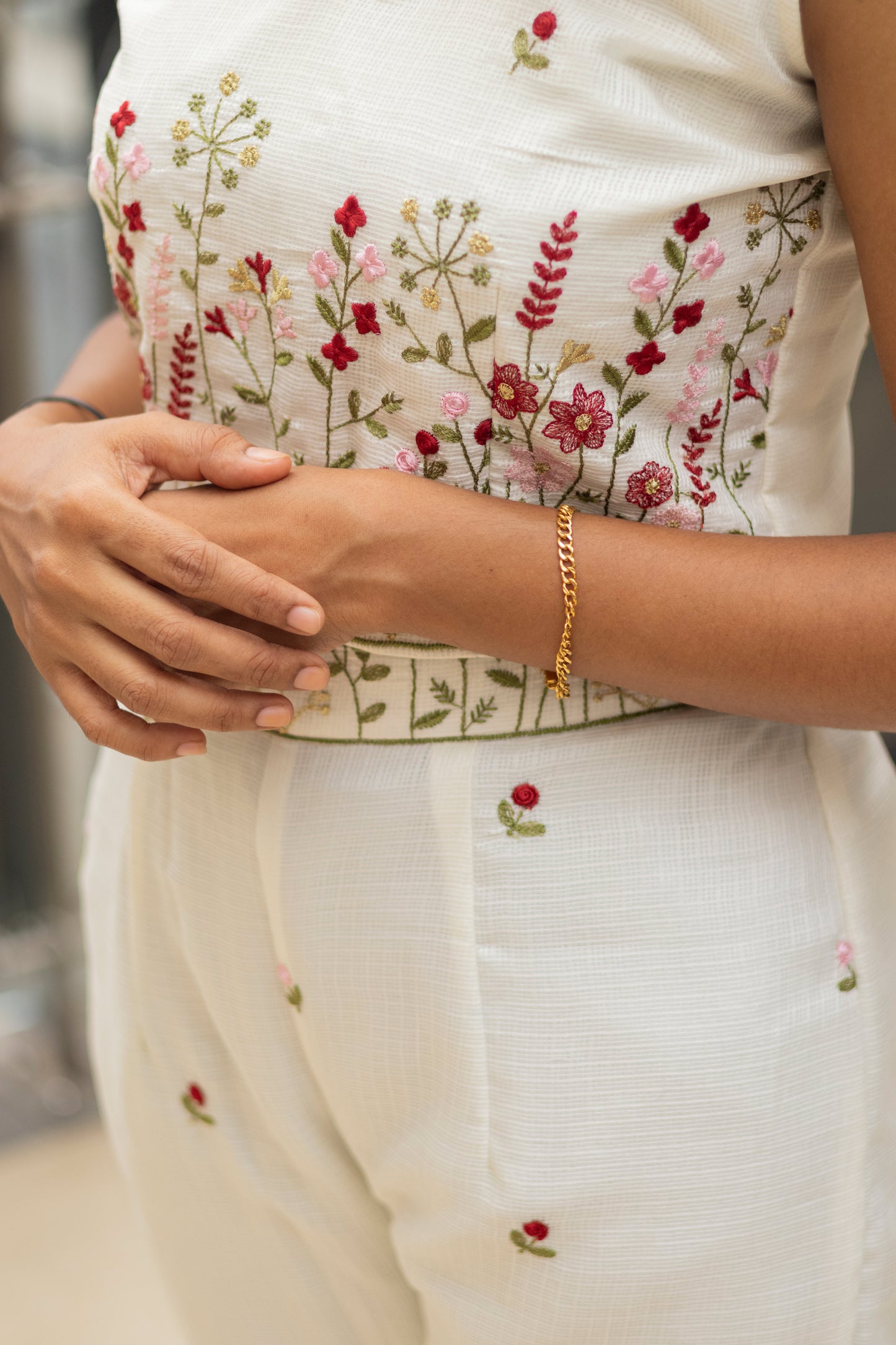 Floral Embroidered Off White Crop Top