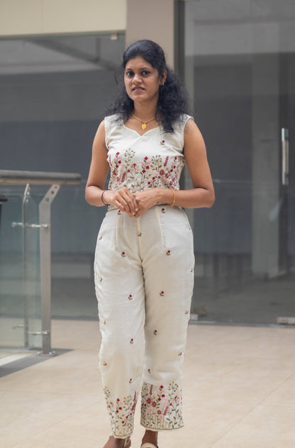 Floral Embroidered Crop Top With Embroidered Straight Pant