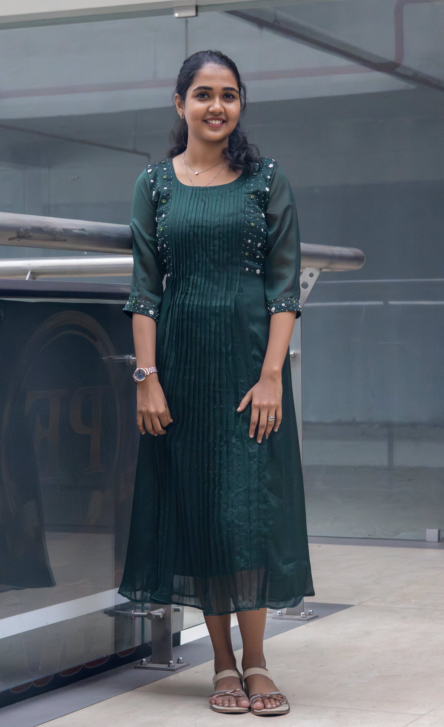 Pleated A-line Kurti With Beads And Embroidery Thread Work