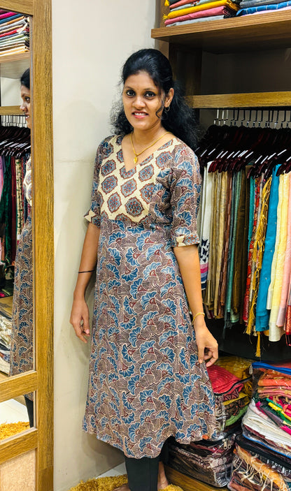 Block Printed Ajrakh Yoke with Modal Silk A-Line Kurta