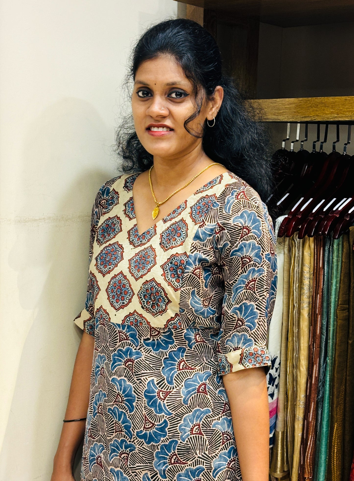 Block Printed Ajrakh Yoke with Modal Silk A-Line Kurta