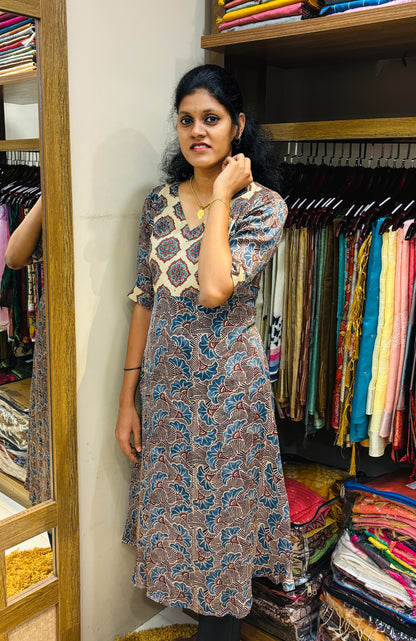 Block Printed Ajrakh Yoke with Modal Silk A-Line Kurta