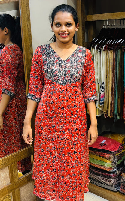 Block Printed Ajrakh Yoke with Modal Silk A-Line Kurta