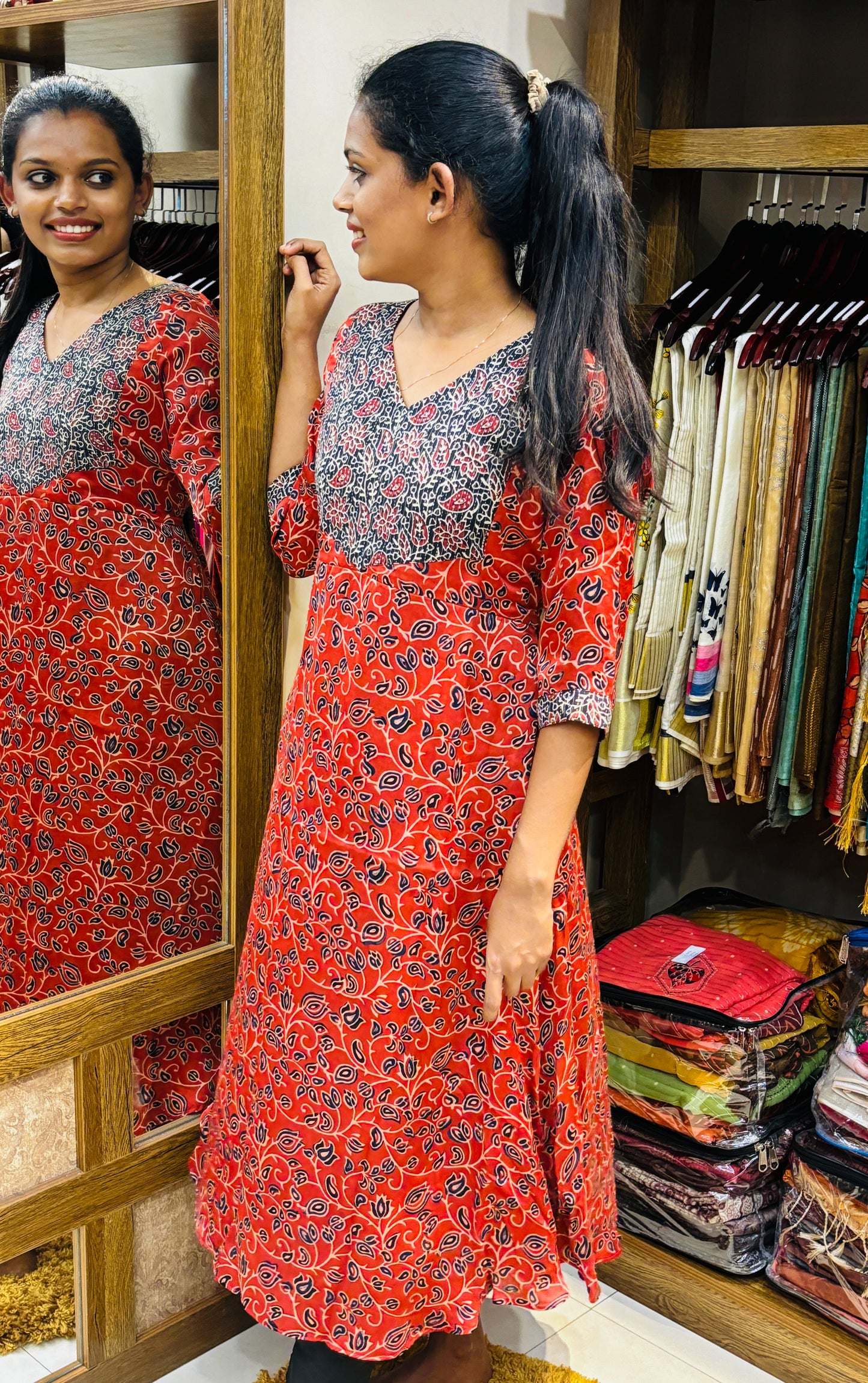 Block Printed Ajrakh Yoke with Modal Silk A-Line Kurta