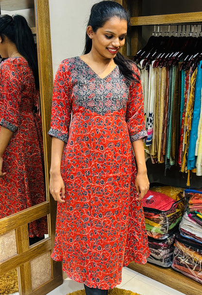 Block Printed Ajrakh Yoke with Modal Silk A-Line Kurta