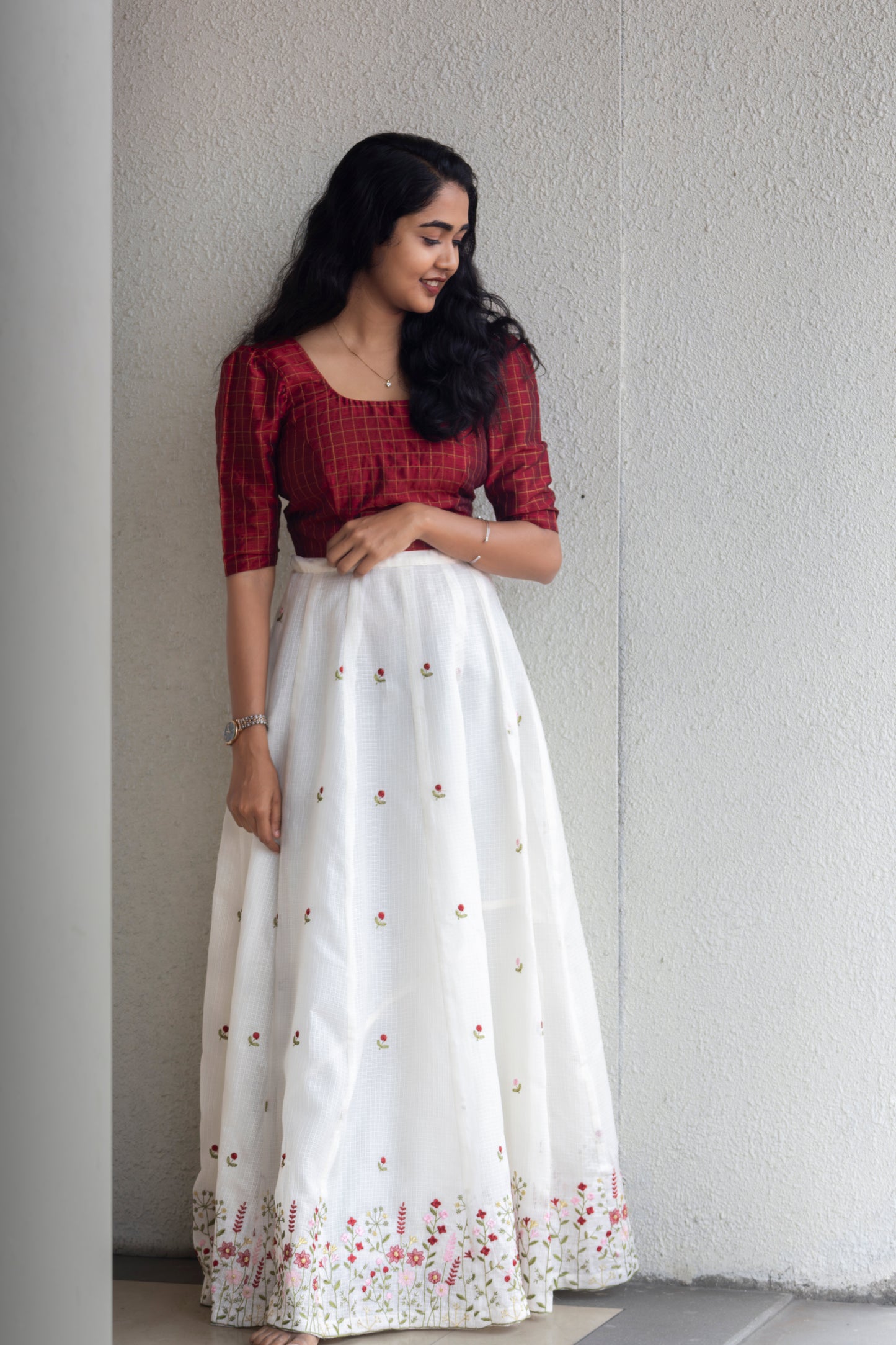 White Kora Kota Embroidery Panel Skirt