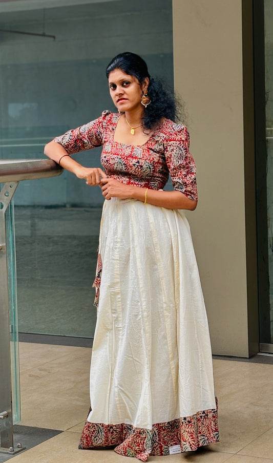 Kalamkari Crop Top With Umbrella Skirt