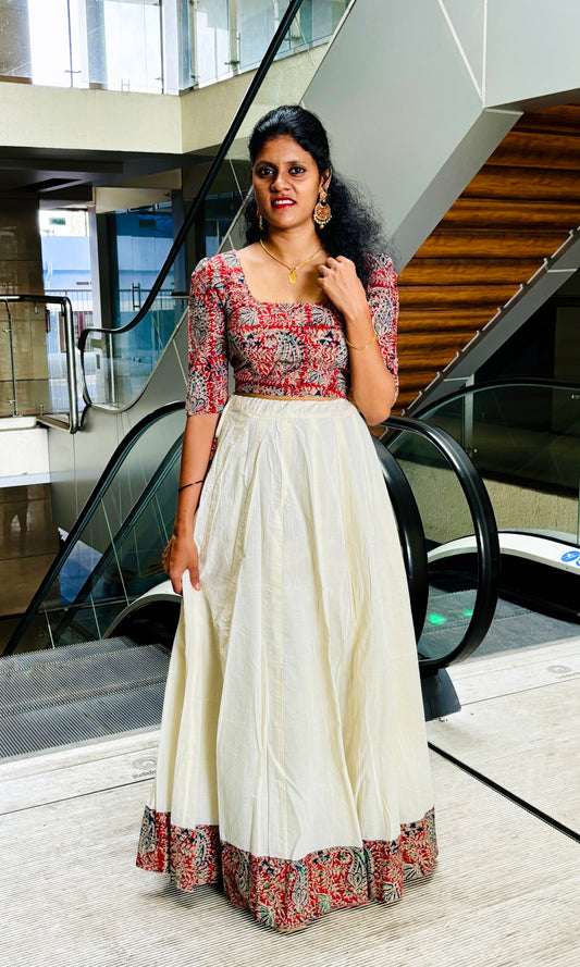 Kalamkari Crop Top With Umbrella Skirt