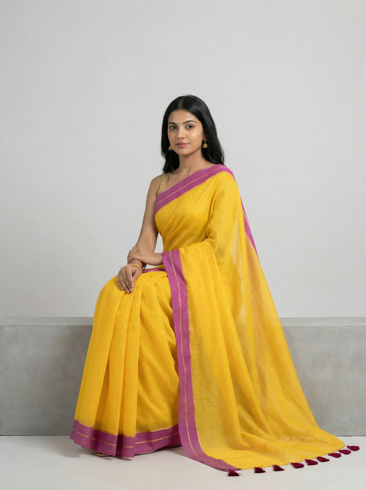 Haldi Yellow Handwoven Mul Cotton Saree with Pink and Gold Border