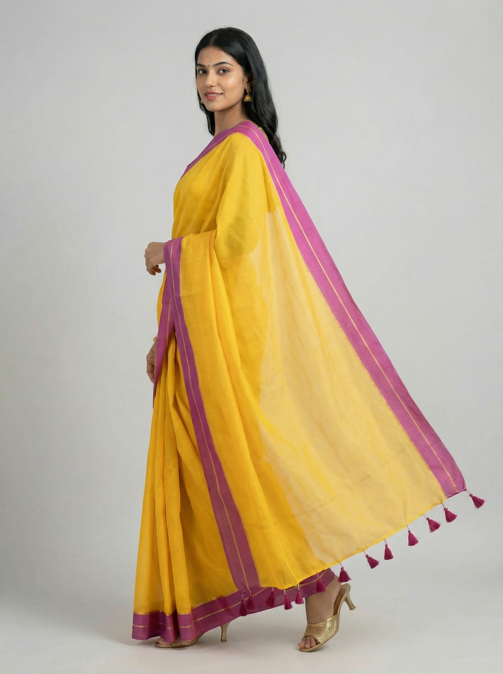 Haldi Yellow Handwoven Mul Cotton Saree with Pink and Gold Border
