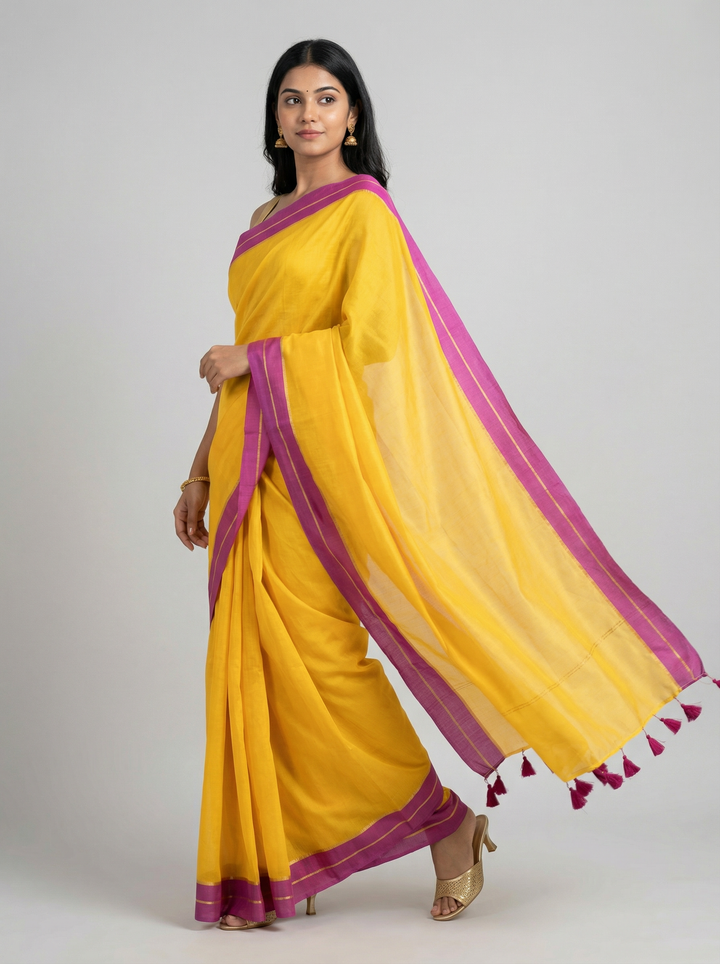 Haldi Yellow Handwoven Mul Cotton Saree with Pink and Gold Border