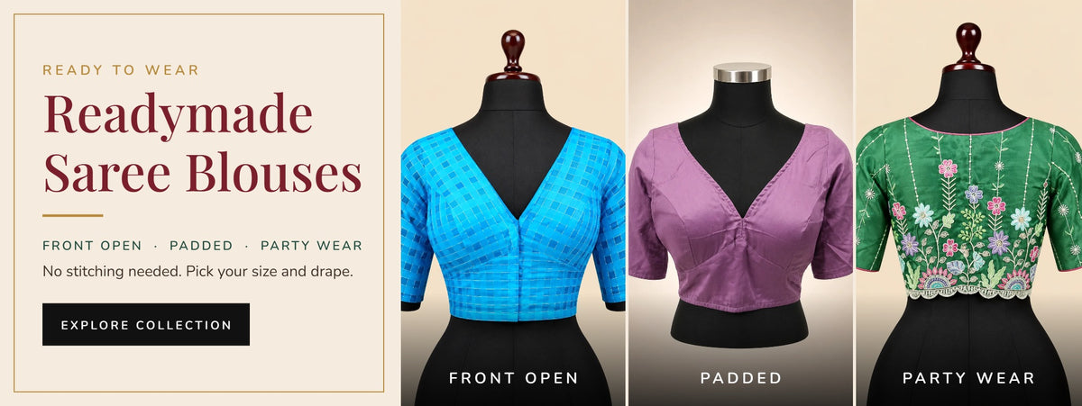 Readymade saree blouses at AADYA - front open, padded and party wear blouses