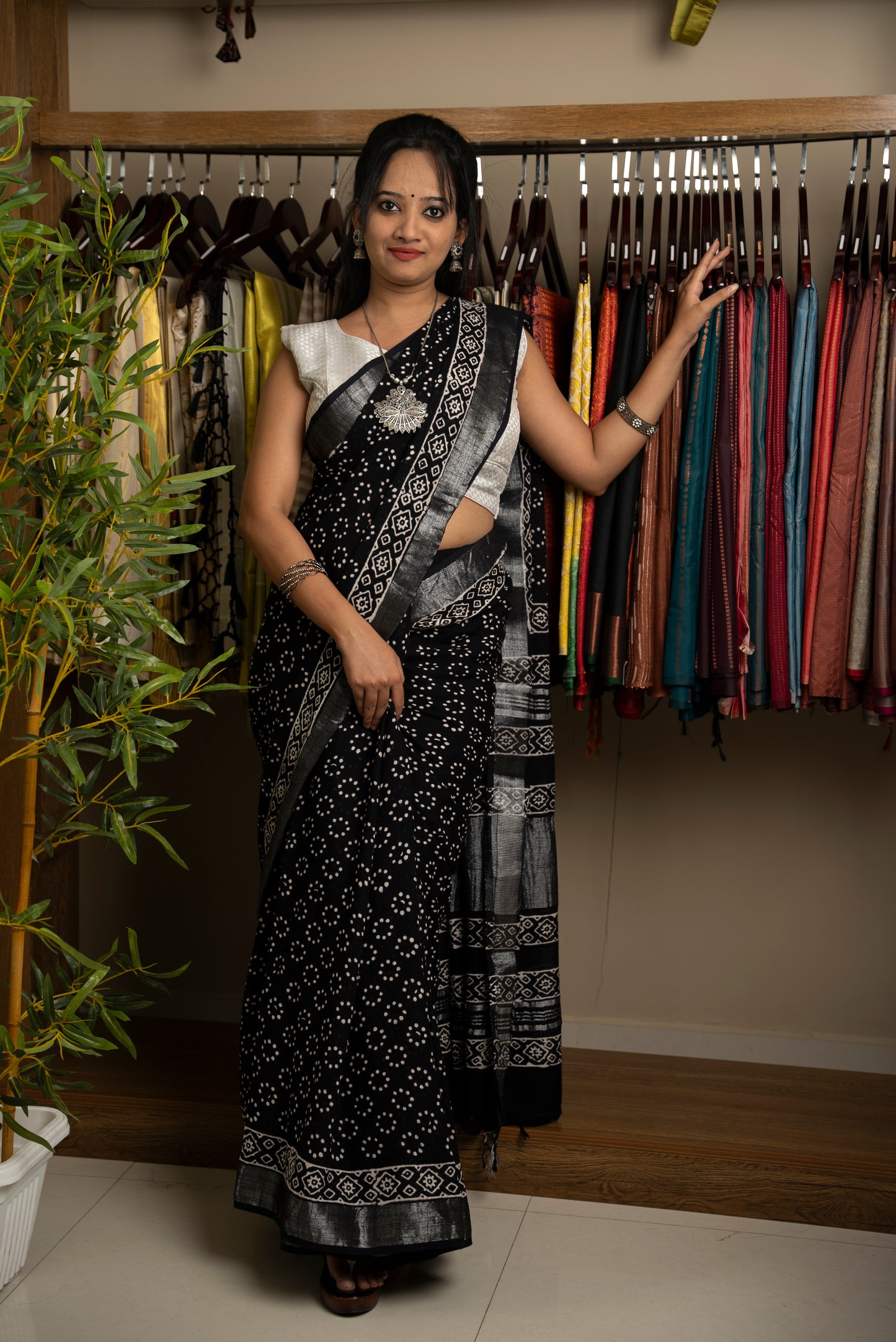 Black Printed Semi Linen Saree