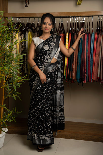 Black Printed Semi Linen Saree