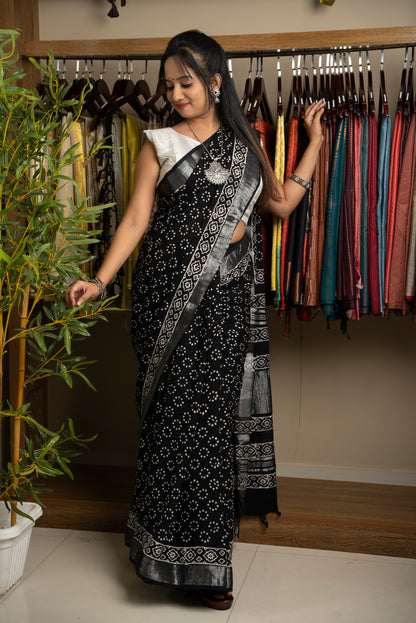 Black Printed Semi Linen Saree