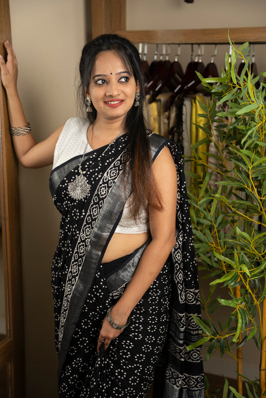 Black Printed Semi Linen Saree